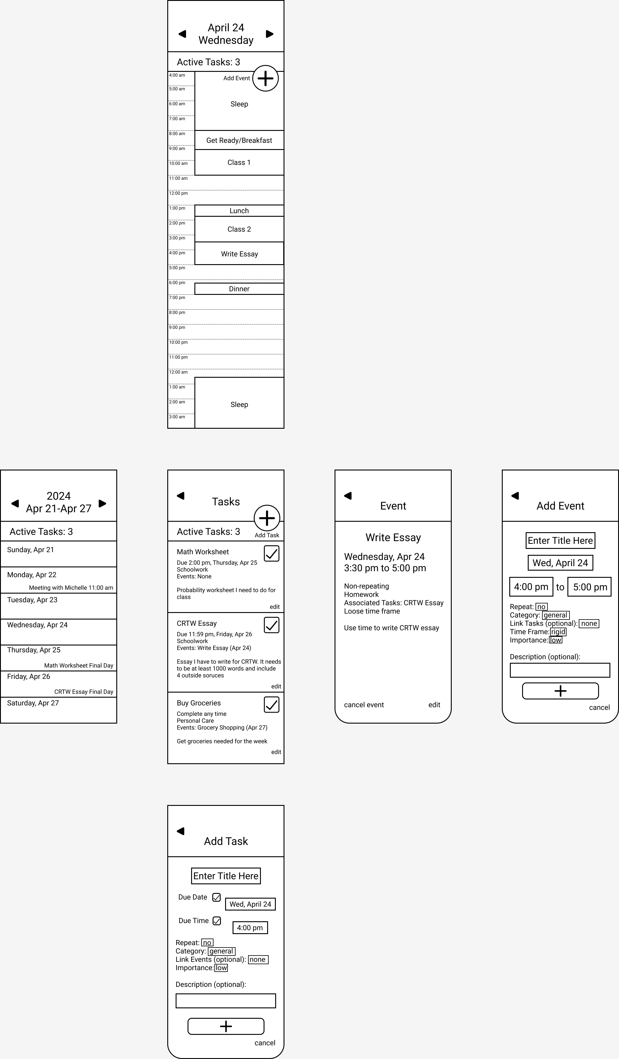 wireframe of multiple pages on an scheduling app prototype